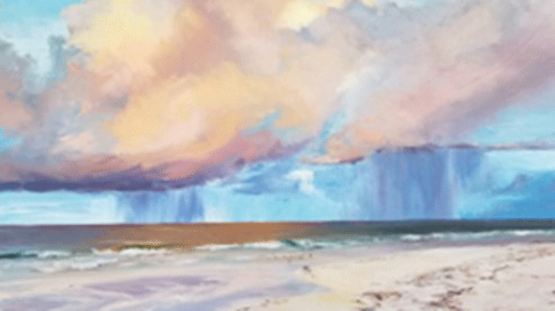 A painting of a beach with clouds in the sky.