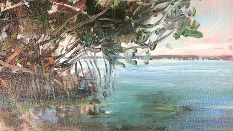A painting of a mangrove tree near a body of water.