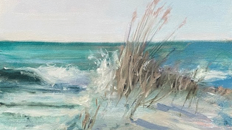 A painting of a beach scene with reeds and waves.