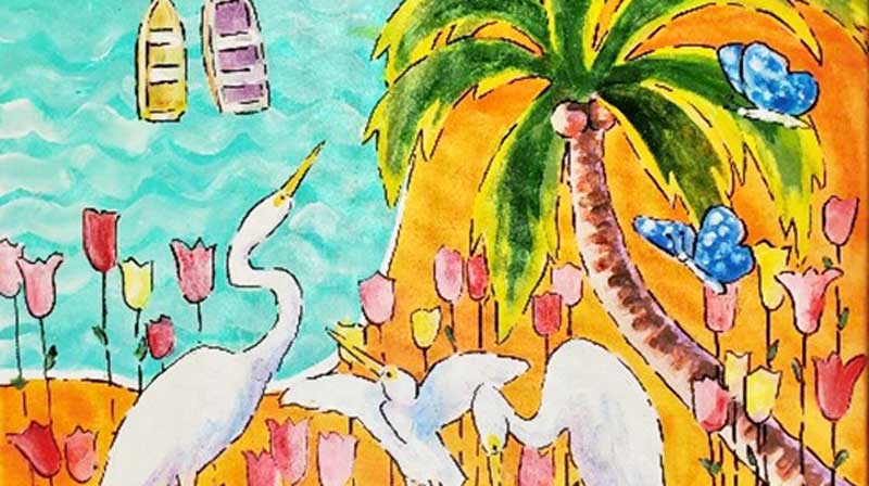 A painting of white egrets and palm trees.