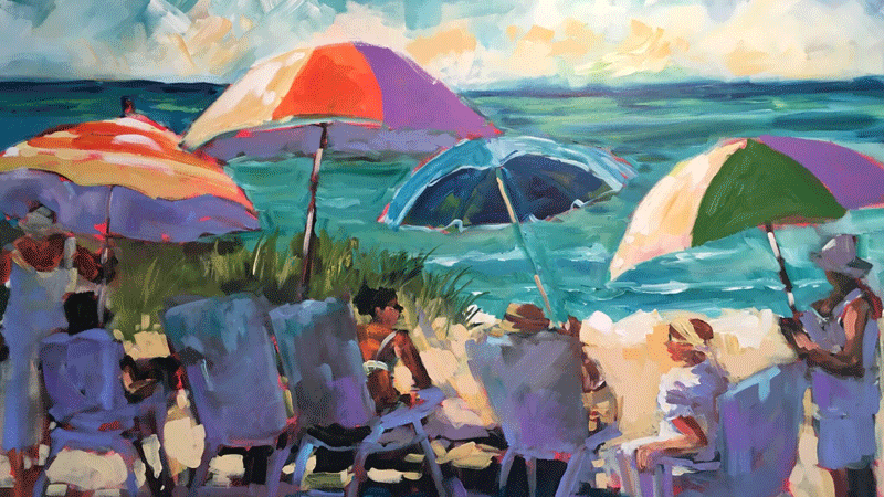 A painting of people sitting under umbrellas on the beach.