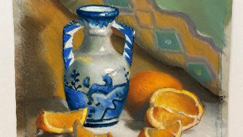 A painting of a blue and white vase and oranges.