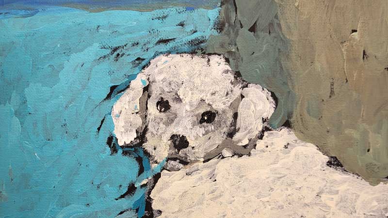 A painting of a white poodle near the ocean.