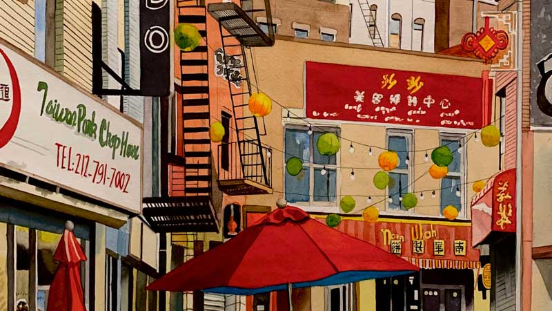 A painting of an asian street scene.