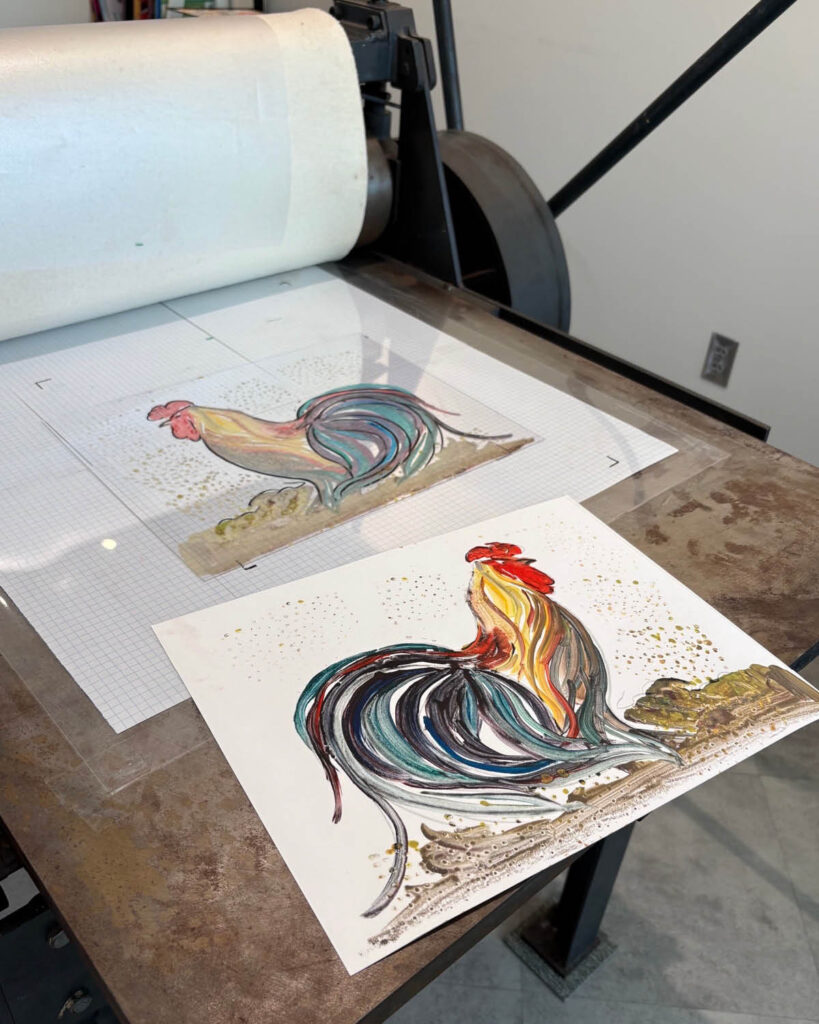 printmaking rooster